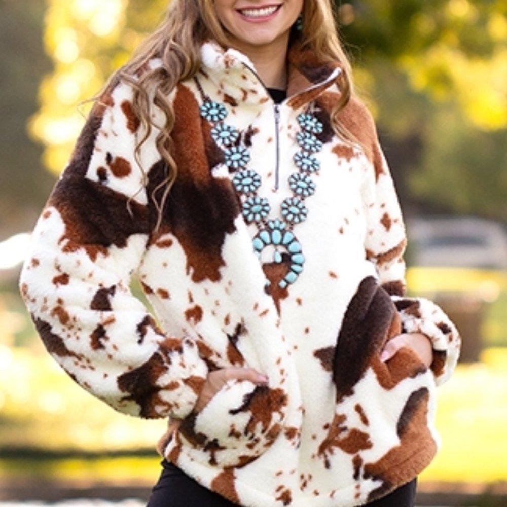 Country Western Cow Print Jacket - Faux Fur Sherpa Jacket - Soft & Fluffy Brown - Picture 2 of 5